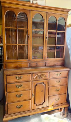 Colonial-style two-piece china cabinet and buffet/hutch,