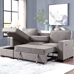 MARCOS Grey Sectional With Pull-Out Bed 😍 Financing Available💰 No Credit Needed🥳