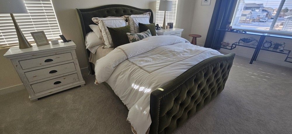 Olive Green Velvet Queen Bed Frame
