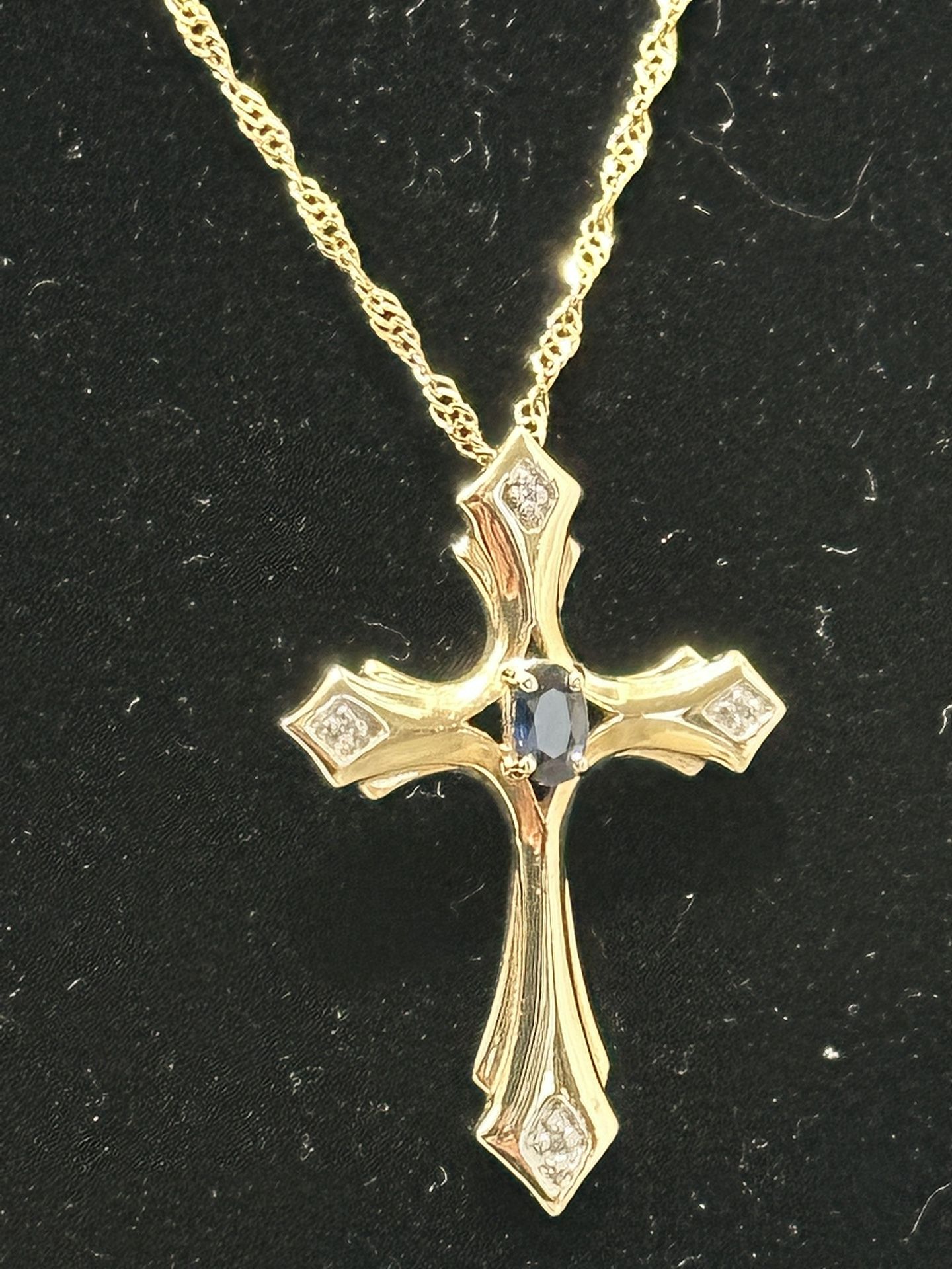 10k Yellow Gold Diamond And Sephire Cross And Chain