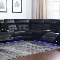 Black Lather Power Recliner Sectional With Led And 4 Cup Holder And Storage 