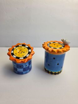 Sunflower Salt & Pepper Shakers With Bird Hand Painted 3" Colorful NWOT