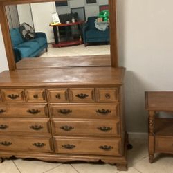 Antique Wooden Dresser, Mirror (removable) And Nightstand 