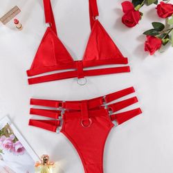 Red Wireless O Ring Linked Strappy Harness Lingerie Set Outfit