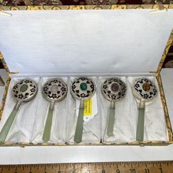 Chinese Hand Mirrors Jade Handle Enamel Flowers 