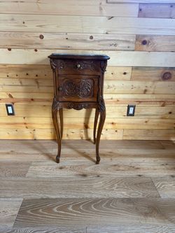 Antique French Louis XV Carved Walnut Nightstand – Marble Top