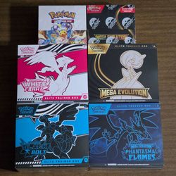 Pokemon Cards Black Bolt, White Flare, Mega Evolution, Phantasmal Flames ETBs and Surging Sparks/Mega Evolution Booster Box