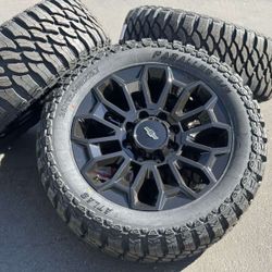 22" Black Wheels 22x9 8x180 Rims and 35” Tires 3500 Chevy 2500 Silverado Chevrolet GMC Sierra Denali HD 2500HD 3500HD AT4 Ultimate