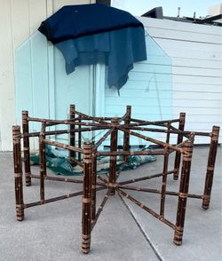 Large Mid Century McGuire Hexagonal Bamboo Rattan Leather Strapped Dining Table w/ Glass Top