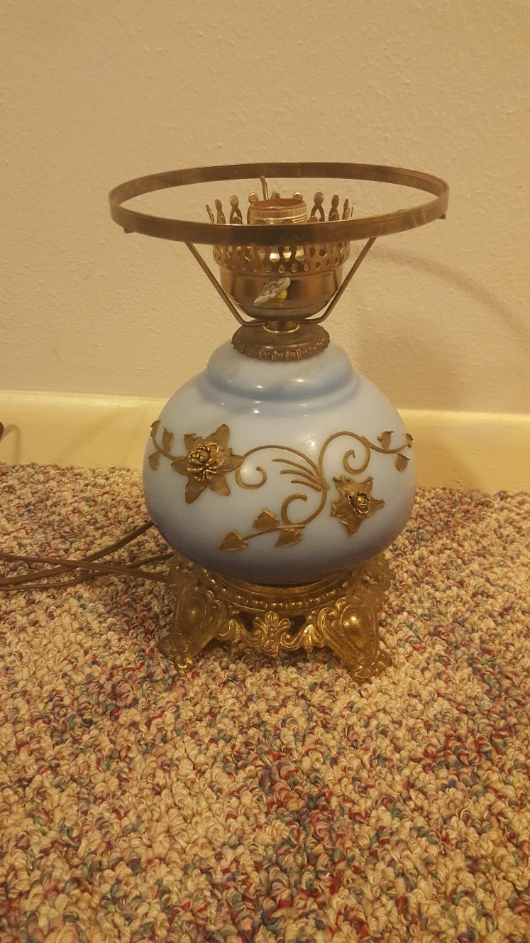 Antique Vintage Blue Glass and Brass Hurricane Lamp
