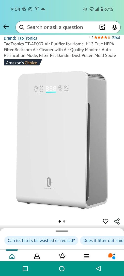 TaoTronics TT-AP007 Air Purifier for Home, H13 True HEPA Filter Bedroom Air Cleaner with Air Quality Monitor, Auto Purification Mode, Filter Pet Dande