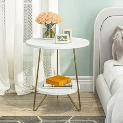 Modern 2-Tier Round End Table, Small Faux Marble Side Table with Shelves and Metal Legs for Living Room, Bedroom, White & Gold
