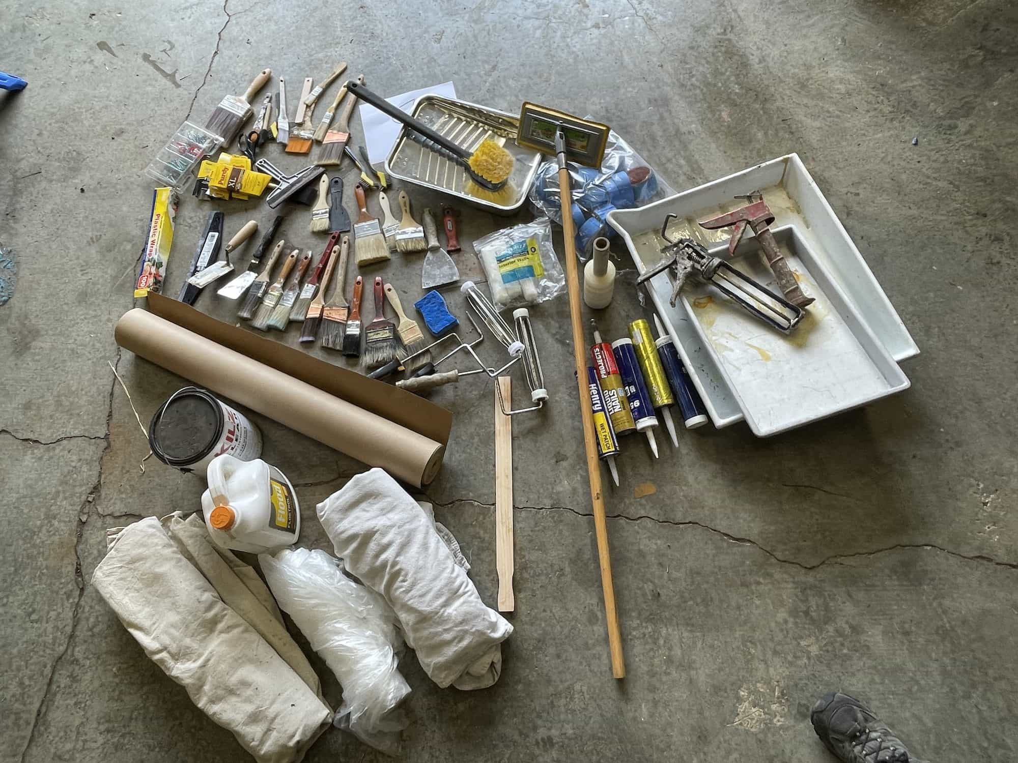 $50 - Tools GRAB BAG #20: Paint brushes, rollers, drop cloths, ceiling sander, paint trays, floetrol + more