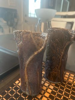 Pair 1970s Studio Pottery Vases Signed Paul Blue Textured Organic Cylinders 8