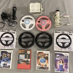Nintendo Wii Games & Accessories- Remote Charger, Konami Microphones, Steering Wheels for Mario Kart, Etc.