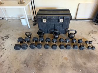 Set dumbbells + kettlebells + storage box