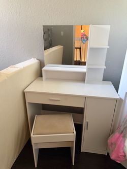 White Vanity Desk with Mirror and Stool