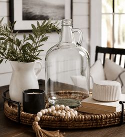 Modern Farmhouse Glass Jug Centerpiece | Rustic Table Decor | Woven Tray Display | Neutral Home Decor