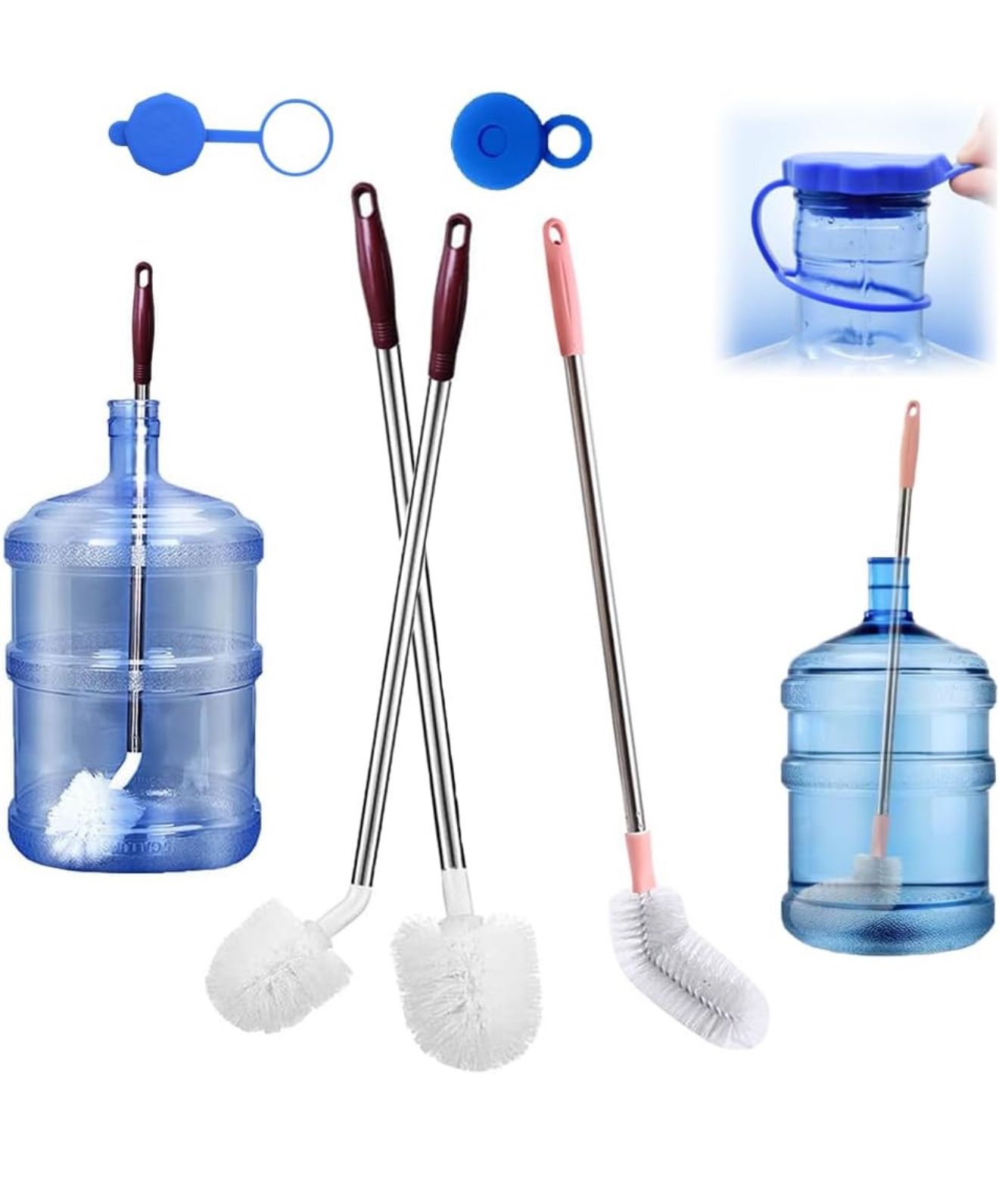 Bottle Brush, 3 Pack Long Handled Bucket Brushes with 2 Water Jug Caps, Stiff Nylon Bristles and Stainless Steel Handle, Suitable for Cleaning 1 to 5