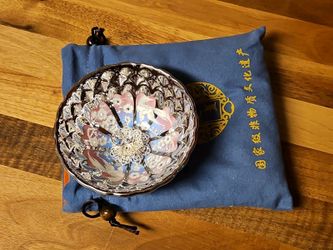 Handmade Ceramic Silver Tone Tea Cup Luminous Birds & Cherry Blossoms w/ Pouch