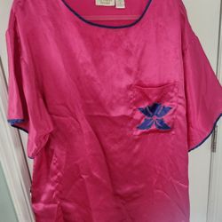 ​Vintage Victoria's Secret Gold Label Satin Sleep Shirt Pink Blue Leaf Appliqué