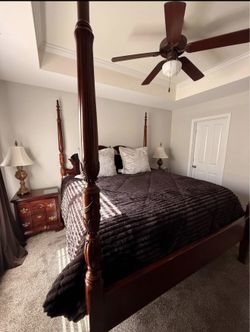 Traditional Cherry Wood Bedroom Set – 4-Poster Bed, Dresser & Nightstands – $900 OBO