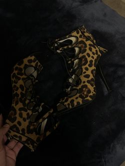 Anne Michelle - Leopard Animal Print Suede Lace Up Gladiator Heels
