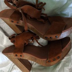 Vintage-Style Cork Wedge Sandals - Size 10 - Rust Faux Suede