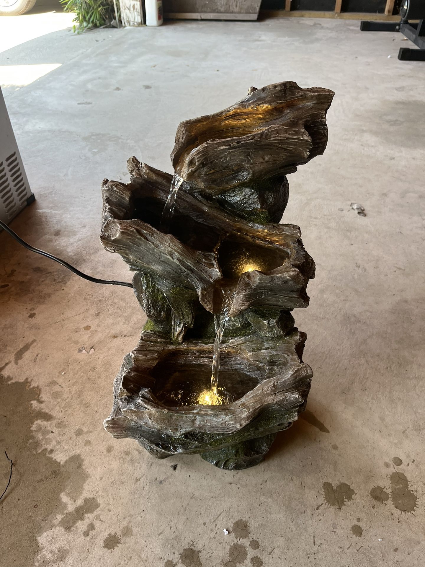 21" 3-Tier Log Water Fountain with Warm White LED Lights, Cascading Waterfall for Garden, Patio, & Lawn, Outdoor Water Feature
