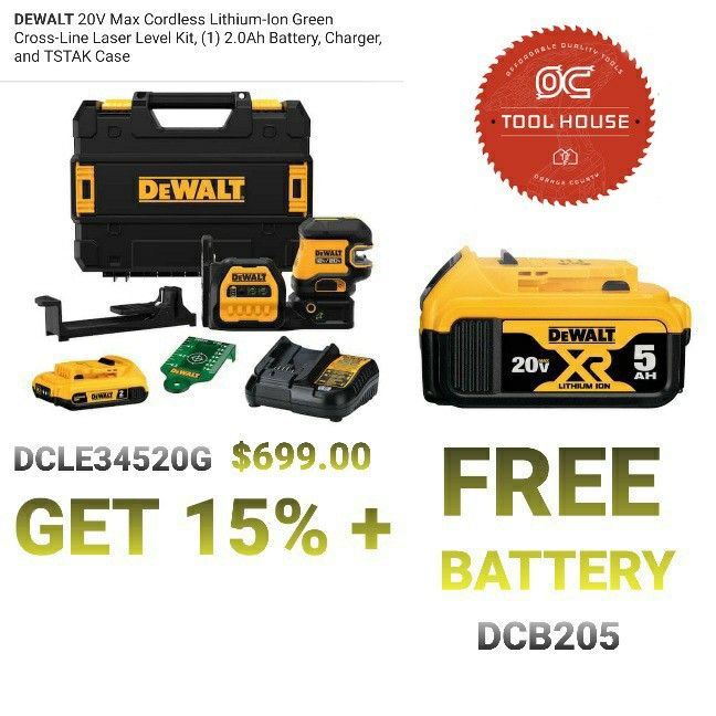 DEWALT 20V Max Cordless Lithium-Ion Green Cross-Line Laser Level Kit, (1) 2.0Ah Battery, Charger, and TSTAK Case