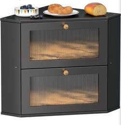 Corner Bread Box, 2-Tier Bamboo Bread Storage Bin with Acrylic Window, Black