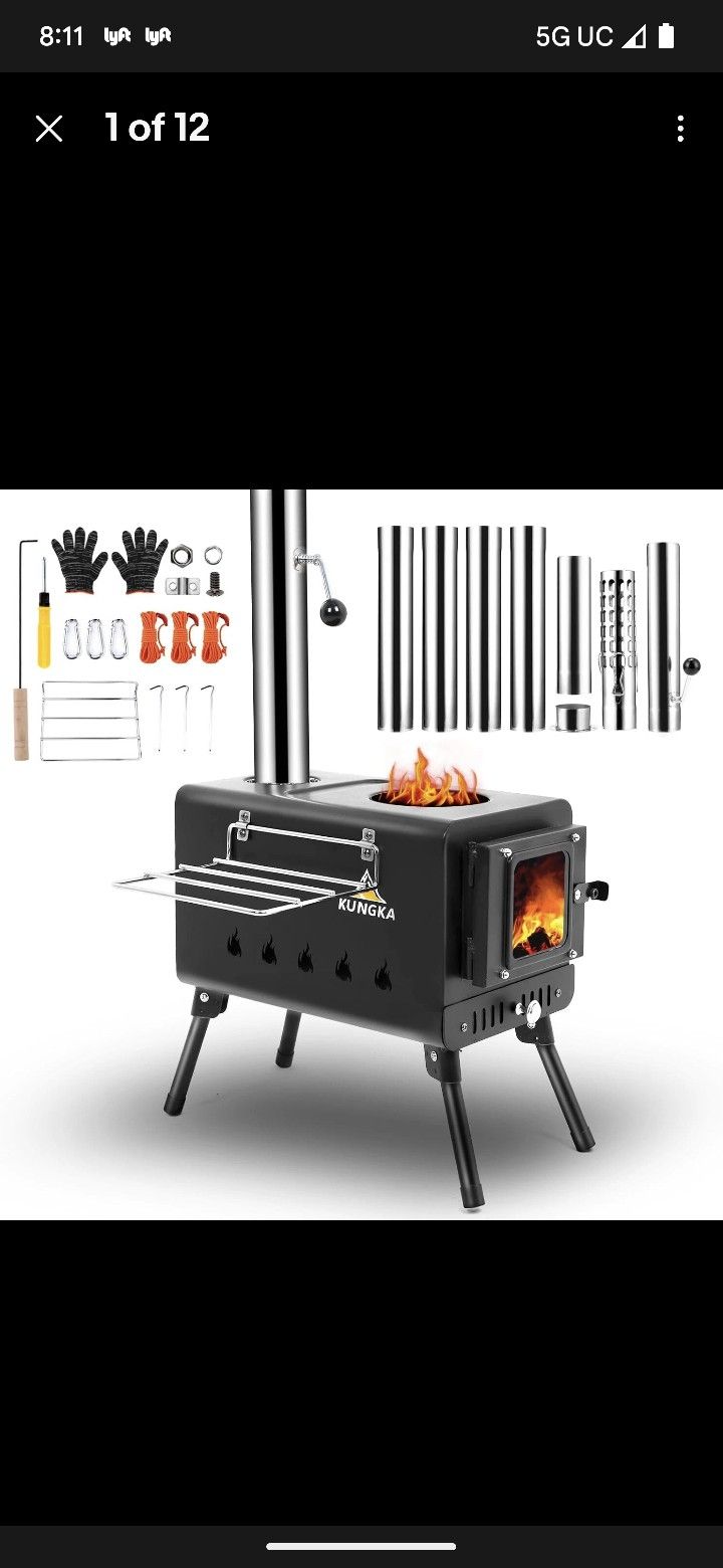 Black Wood Burning Tent Stove, 7 Section Stainless Steel Chimney