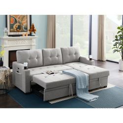  83"W Light Gray Linen Fabric Sleeper Sectional with cupholder, USB charging port and pocket