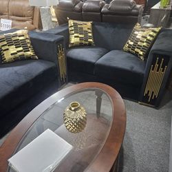 Brand New Black Velvet Sofa + Loveseat With Gold Trimming