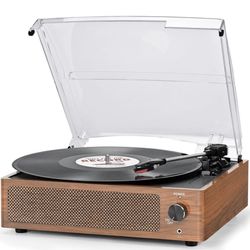 Vinyl Record Player Speakers Belt-Driven 3-Speed Bluetooth Playback Retro Brown 