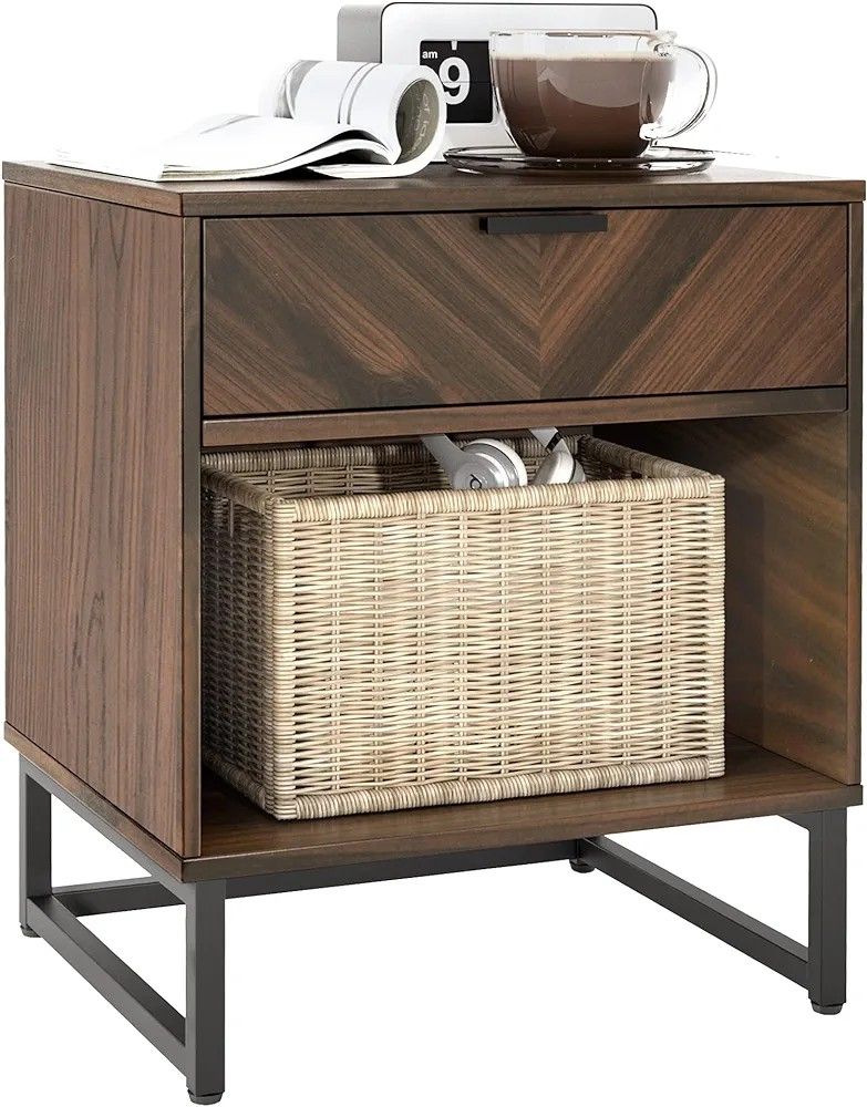 Modern Wood Side Table with Shelf - Walnut with 1 Upper Drawer, Enclosed Bottom, Bedside Table, Modern Nightstand, Small Side Table, Living Room Table