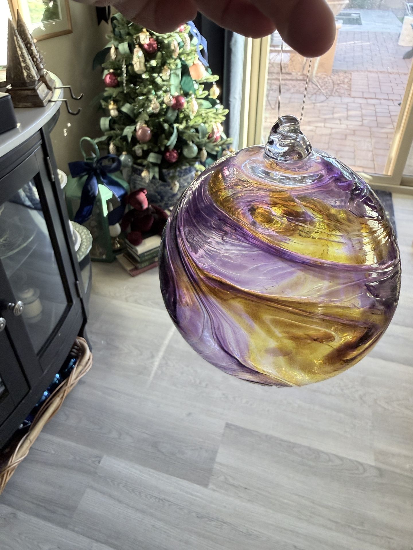 Hand Blown Multicolor Glass Ornament W/box Purple Gold