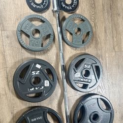 Olympic Equipment: Silver Curl Bar  & Weight Plates Pairs Of  35s, 25s, 10s And 2.5s  Pounds   (Total: 163 lbs)