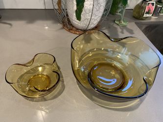 Vintage MCM Anchor Hocking Pinched Amber Glass Chip & Dip Set