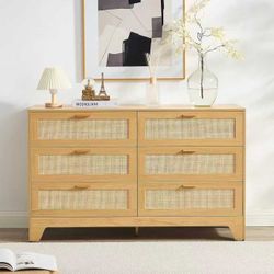 6 Drawer Wide Dresser Chest, Pull Handles Storage Cabinet with Solid Wood Legs,Natural oak