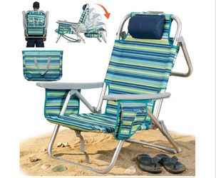 Aluminum Backpack Low Profile Beach Chair - 5-Position Lay Flat Reclining Folding Chair with Removable Cooler Bag - Heavy Duty 330 lbs Capacity, Light