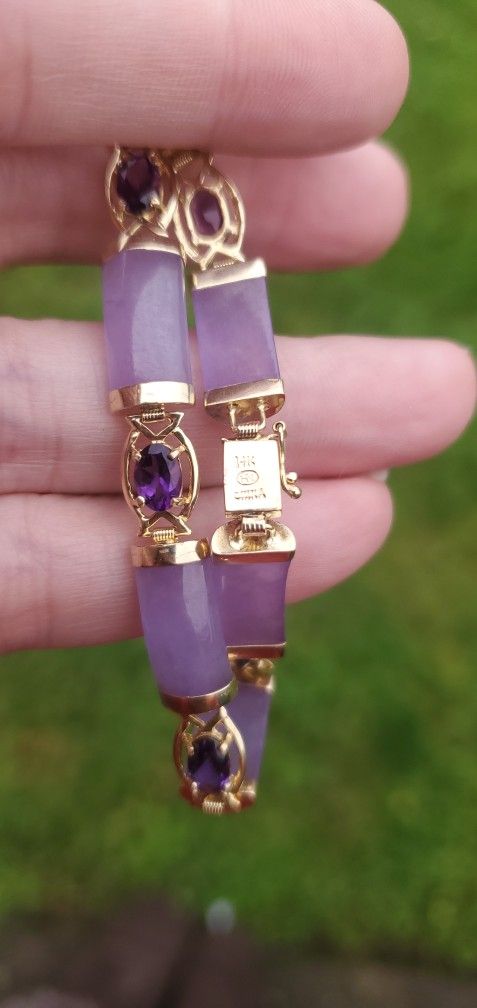 14k Gold Amethyst Lavender Jade Bracelet New!