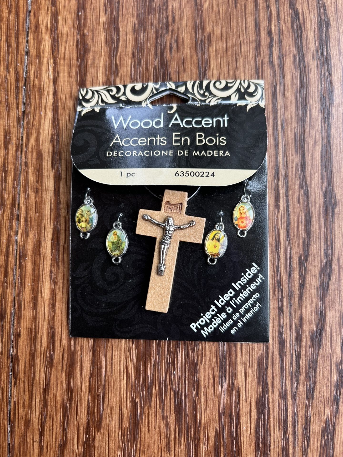 Wood Cross Pennant With Four Religious Charms, Rare And Unique