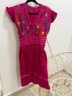 Magenta Floral Embroidered Mexican Dress