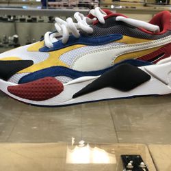 Junior Puma Size 7 RS-X3 Puzzle White / Spectra Yellow / Red Shoes (Bottom Sole Has Wear)