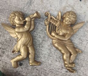 Vintage Pair Dart Industries 1963 Gold Cherub Angels Wall Art Horn Harp-Lyre 16" & 15" *40.00*