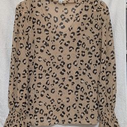 Day Leopard Print Blouse - Smocked Cuffs - Size Small