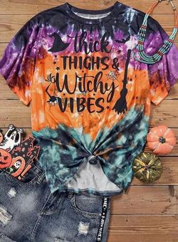 New L Hocus Pocus Halloween Thick Thighs & Witch Vibes Tie Dye T-Shirt