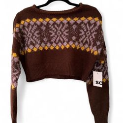 SO Brown Yellow Fair Isle Cropped Knit Sweater Ladies XS New with Tags