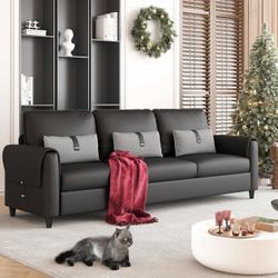 88” Faux Leather Couch for Living Room, Black Office Couch Small Space, Comfy 3 Seater Couches Leather Sofa with High Backrest (Black)